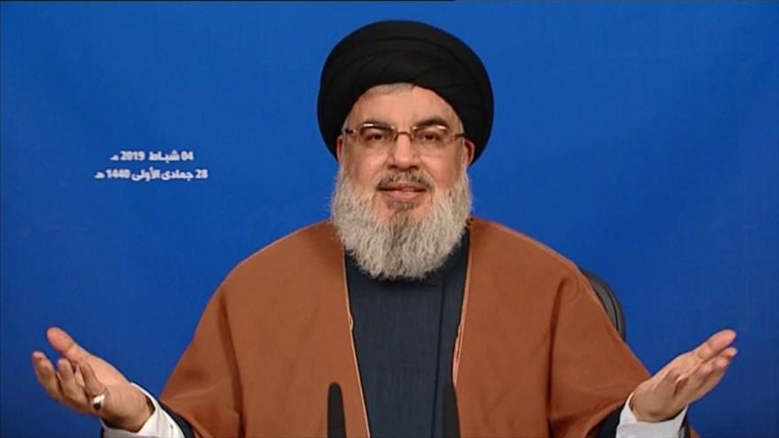 El líder del Movimiento de Resistencia Islámica de El Líbano (Hezbolá), Seyed Hasan Nasralá, ofrece un discurso televisivo, 4 de febrero de 2019.