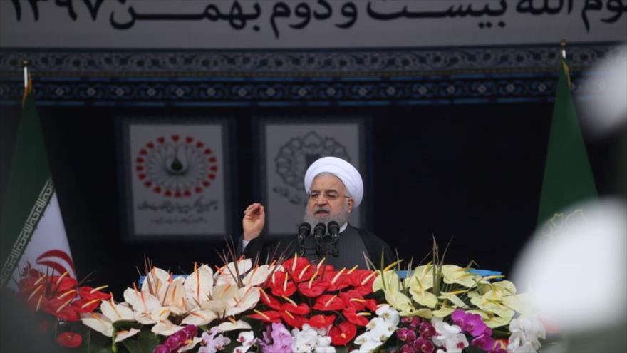 El presidente de Irán, Hasan Rohani, da un discurso en Teherán, en el 40.º aniversario de la Revolución Islámica, 11 de febrero de 2019. (Foto: Mehr News)