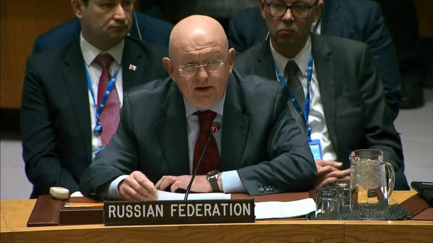 El embajador de Rusia ante la ONU, Vasili Nebenzia, en una sesión del Consejo de Seguridad de las Naciones Unidas, 26 de enero de 2019. (Foto: AFP)