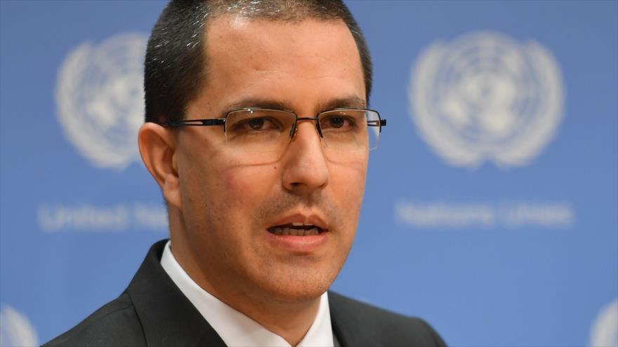 El canciller de Venezuela, Jorge Arreaza, en conferencia de prensa en la sede de la ONU en Nueva York (EE.UU.), 22 de febrero de 2019 (Foto: AFP)