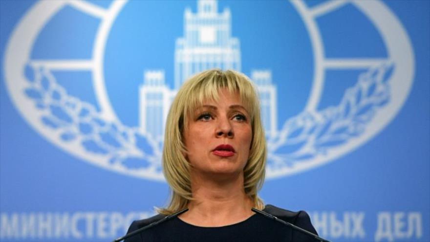La portavoz de la Cancillería rusa, María Zajárova, en una rueda de prensa en la sede del ente en Moscú.