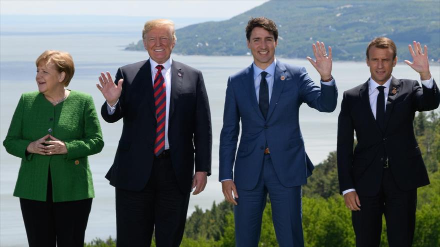 Líderes de Alemania (Angela Merkel), EE.UU. (Donald Trump), Canadá ( Justin Trudeau) y Francia (Emmanuel Macron), 8 de junio de 2018. (Foto: AFP)