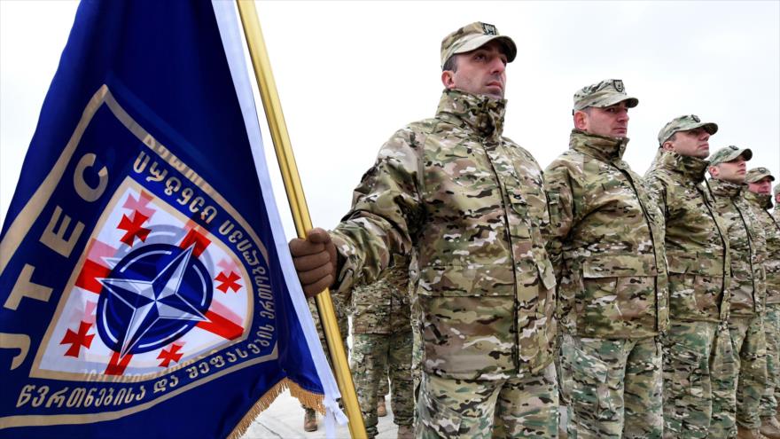 Los oficiales georgianos en el Centro de Entrenamiento Conjunto y Evaluación OTAN-Georgia, cerca de Tiflis, 15 de marzo de 2019. (Foto: AFP)