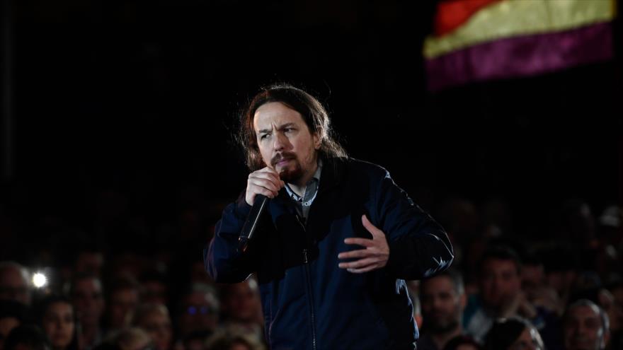 El líder de Podemos, Pablo Iglesias, en un mitin de campaña electoral en Madrid, 23 de marzo de 2019. (Foto: AFP)