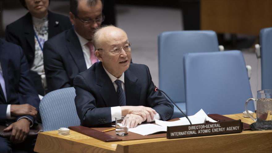 El jefe de la AIEA, Yukiya Amano, habla en una reunión del Consejo de Seguridad de la ONU sobre desnuclearización, 2 de abril de 2019.