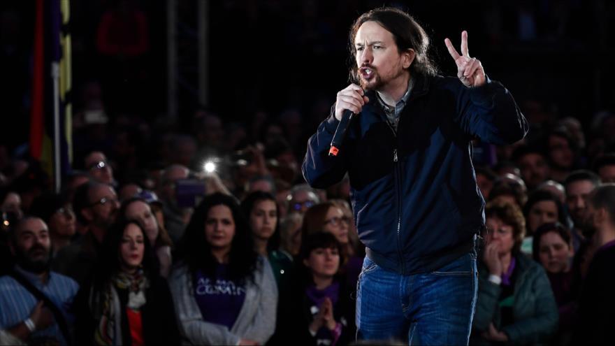 El candidato de Unidas Podemos a la Presidencia del Gobierno de España, Pablo Iglesias, en un acto de campaña en Madrid, 23 de marzo de 2019. (Foto: AFP)
