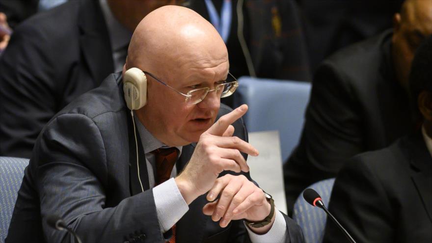 El embajador de Rusia ante las Naciones Unidas, Vasili Nebenzia, habla en una reunión en Nueva York (EE.UU.), 26 de enero de 2019. (Foto: AFP)