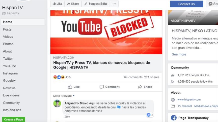 La cuenta de Facebook de la cadena internacional HispanTV.