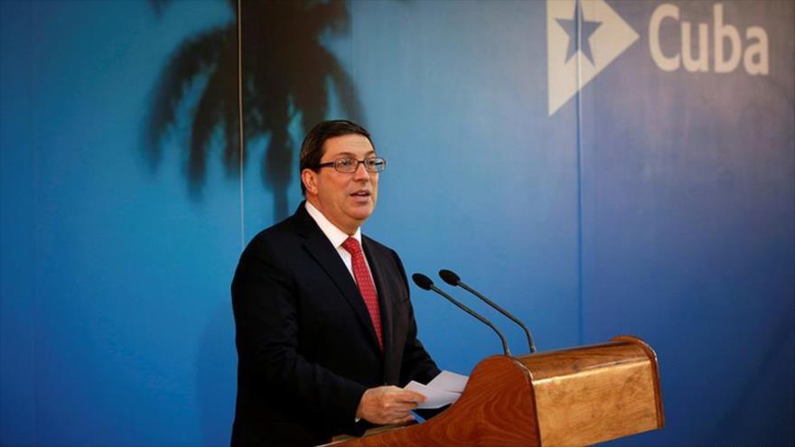 El ministro de Exteriores de Cuba, Bruno Rodríguez, comparece en una rueda de prensa en La Habana, la capital.