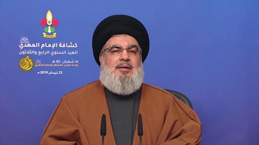 El secretario general del Movimiento de Resistencia Islámica de El Líbano (Hezbolá), Seyed Hasan Nasralá, ofrece un discurso, 22 de abril de 2019.