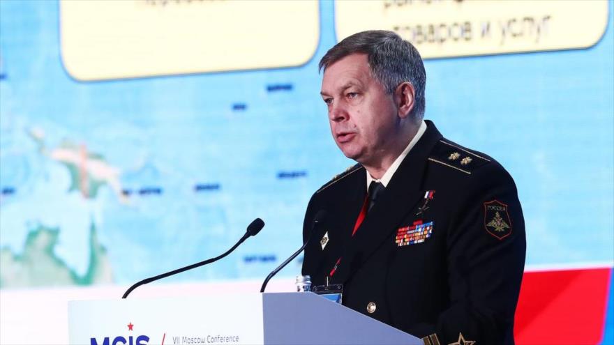 El jefe adjunto del Departamento Central de Inteligencia de Rusia (GRU), Ígor Kostiukov, habla en la VII Conferencia de Seguridad Internacional de Moscú.
