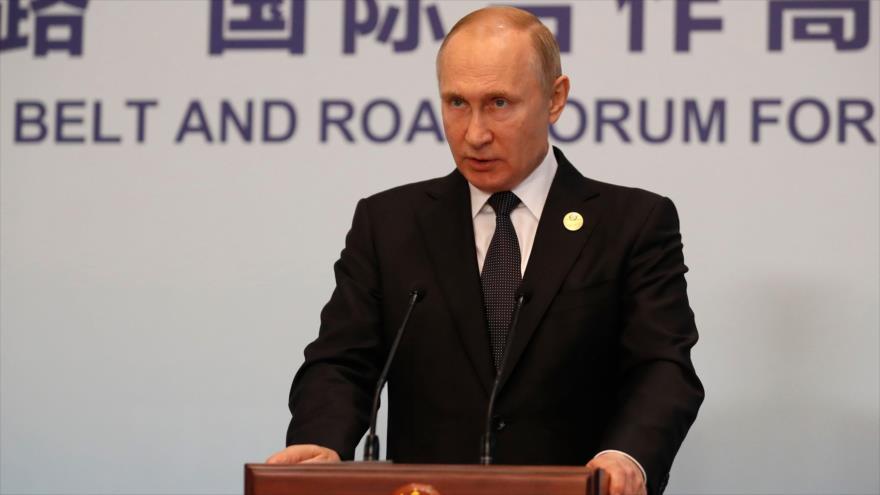 El presidente de Rusia, Vladimir Putin, da un discurso en Pekín, capital de China, 27 de abril de 2019. (Foto: AFP)