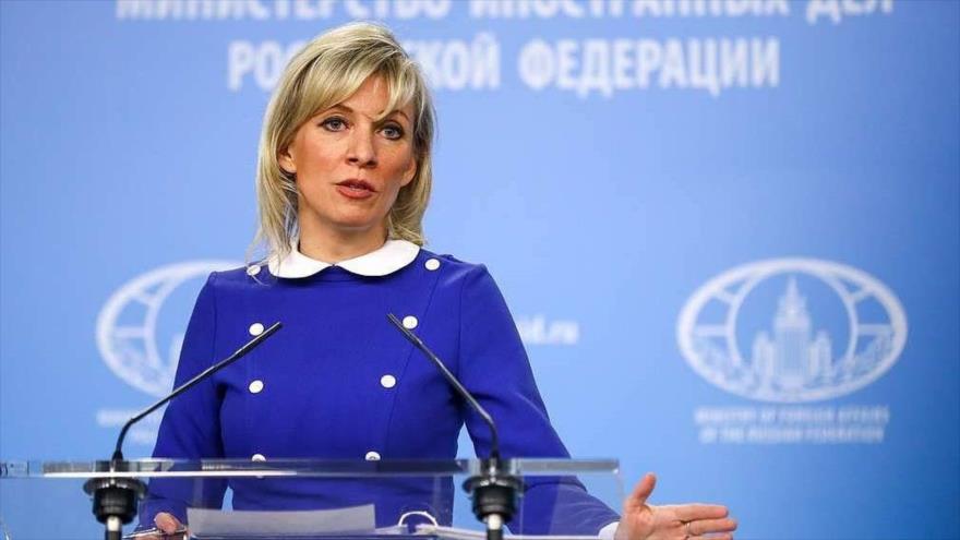La portavoz del Ministerio ruso de Exteriores, María Zajárova, durante una rueda de prensa en Moscú (capital).