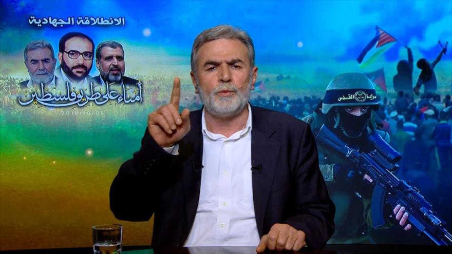 El secretario general de la Yihad Islámica Palestina, Ziad al-Najala, pronuncia un discurso televisado.