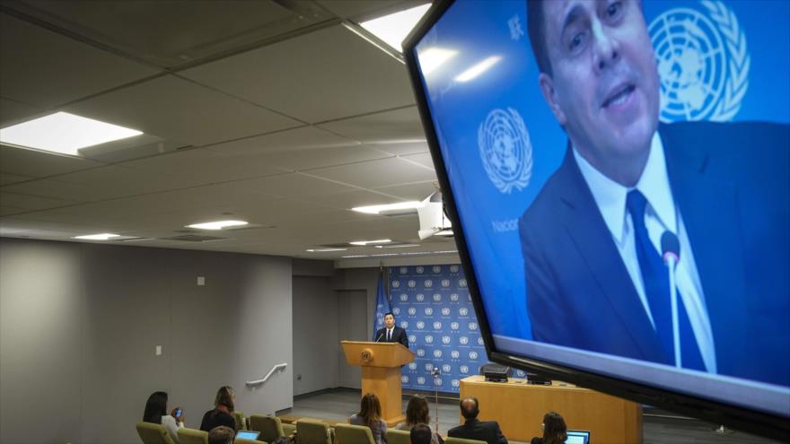 El embajador de Venezuela ante las Naciones Unidas, Samuel Moncada, habla en la sede de la ONU, 30 de abril de 2019. (Foto: AFP)