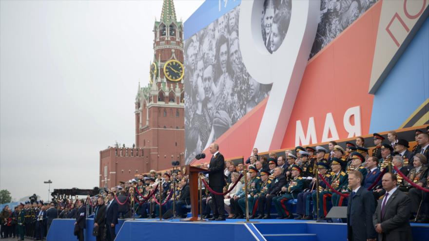 El presidente de Rusia, Vladímir Putin, ofrece discurso durante el gran desfile del ‘Día de la Victoria’, en Moscú, 9 de mayo de 2019. (Foto: AFP)