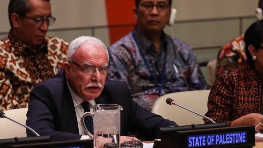 El canciller palestino, Riad Al-Maliki, ofrece discurso en una reunión informal del Consejo de Seguridad de la ONU, 9 de mayo de 2019.