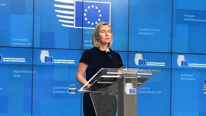 La jefa de la Diplomacia europea, Federica Mogherini, habla en la sede del Consejo Europeo en Bruselas, 13 de mayo de 2019.