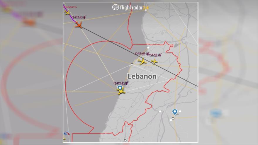 Una imagen de IntelSky que muestra cómo cazas israelíes pretenden usar aviones de pasajeros de Catar como escudos ante la Fuerza Aérea de Siria.