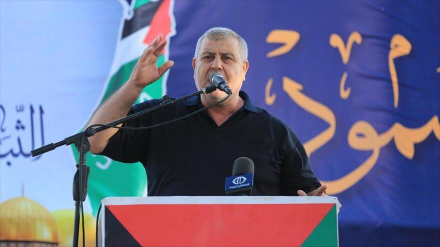 Jalid Batash, miembro del buró político de Yihad Islámica da un discurso en la Franja de Gaza.