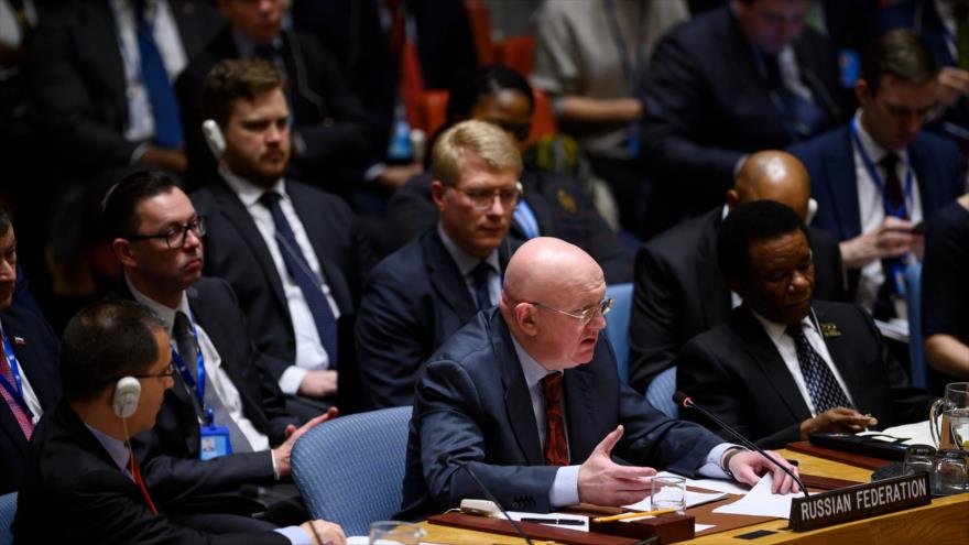 El embajador ruso ante la ONU, Vasili Nebenzia, en una sesión del Consejo de Seguridad de las Naciones Unidas, 26 de enero de 2019. (Foto: AFP)