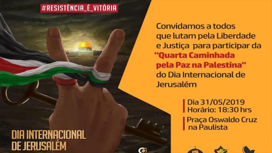 Un cartel para convocar a los brasileños a participar en el Día Mundial de Al-Quds el próximo viernes 31 de mayo en la ciudad de Sao Paulo en apoyo a Palestina.