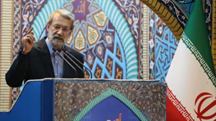 El presidente del Parlamento de Irán, Ali Lariyani, habla al término de la marcha del Día Mundial de Al-Quds en Teherán, 31 de mayo de 2019.