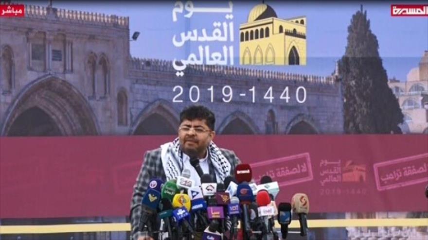 El presidente del Comité Supremo Revolucionario yemení, Muhamad Ali al-Houthi, da un discurso en Saná por el Día Mundial de Al-Quds, 31 de mayo de 2019.