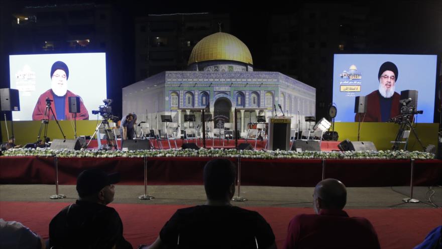 El líder de Hezbolá, Seyed Hasan Nasralá, habla con motivo del Día Internacional de Al-Quds, 31 de mayo de 2019.