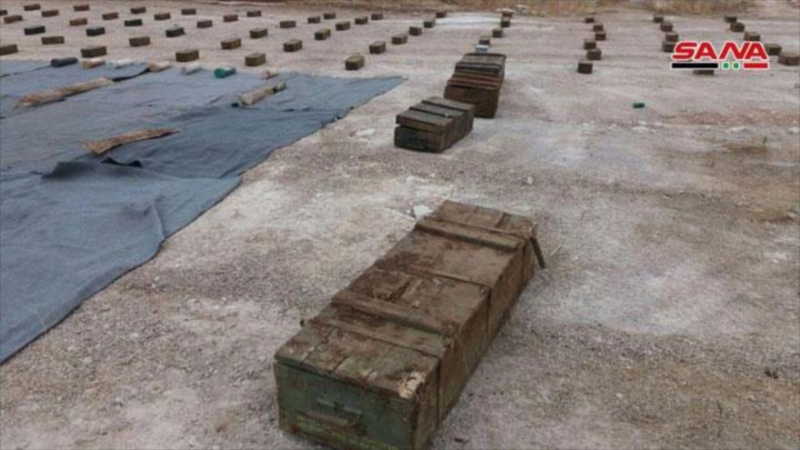 Armas confiscadas de terroristas en la provincia de Al-Quneitra, suroeste de Siria, 6 de junio de 2019. (Fuente: SANA)