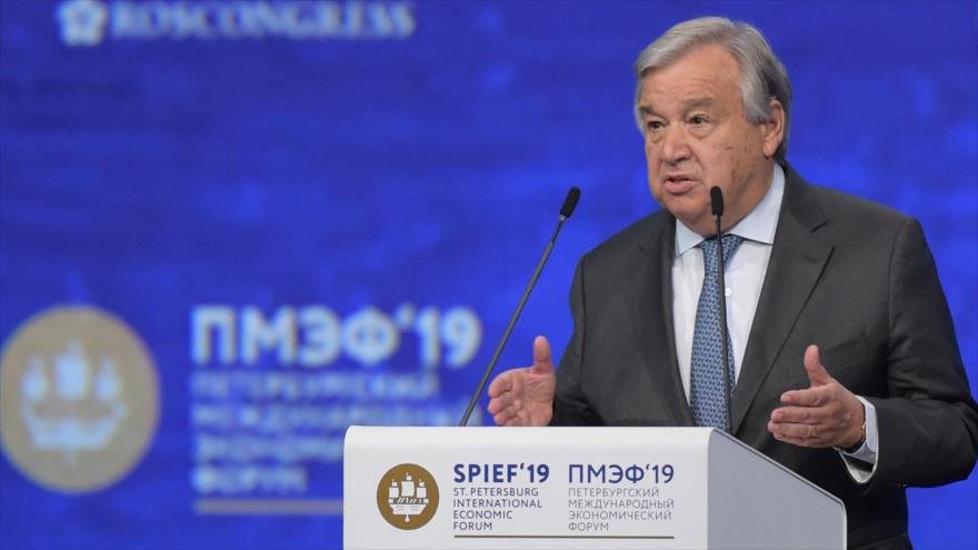 El secretario general de la ONU, António Guterres, en una rueda de prensa en San Petersburgo, 7 de junio de 2019. (Foto: AFP)
