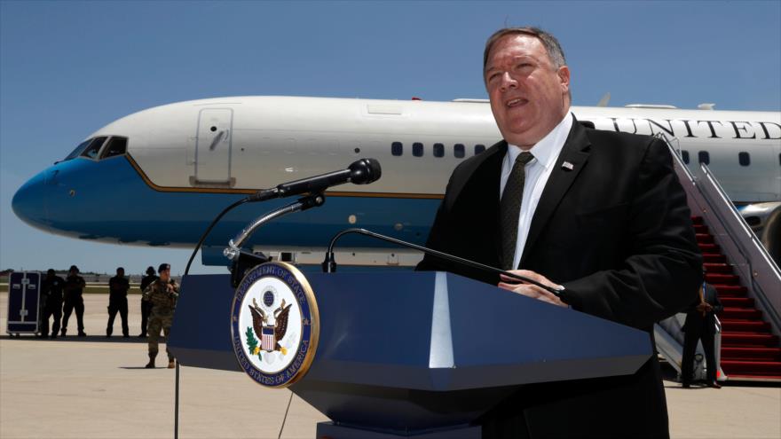 El secretario de Estado de EE.UU., Mike Pompeo, habla desde el estado de Maryland antes de iniciar una gira, 23 de junio de 2019. (Foto: AFP)