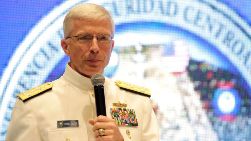El jefe del Comando Sur de las Fuerzas Armadas de EE.UU., el almirante Craig Faller, ofrece un discurso en Tegucigalpa, Honduras, mayo de 2019.