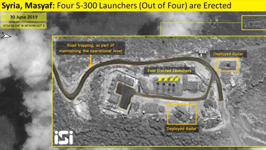 Imágenes indican la posición de cuatro lanzadores de los sistemas rusos S-300 en base siria de Masyaf, 30 de junio de 2019. (Foto: ImageSat International)