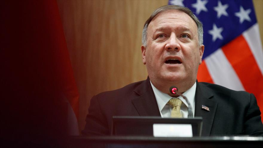 El secretario de Estado de Estados Unidos, Mike Pompeo, durante una conferencia de prensa en La India, 26 de junio de 2019. (Foto: AFP)