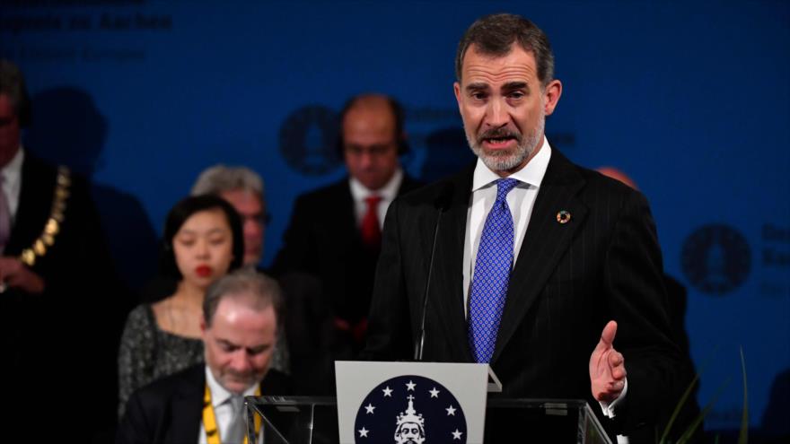 El rey español, Felipe VI, ofrece un discurso en Aquisgrán, en el oeste de Alemania, 30 de mayo de 2019. (Foto: AFP)