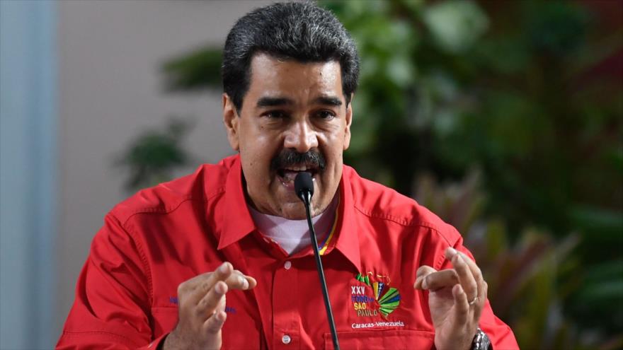 El presidente de Venezuela, Nicolás Maduro (centro), en la clausura del 25.º Foro de Sao Paulo, Caracas, 28 de julio de 2019. (Foto: AFP)