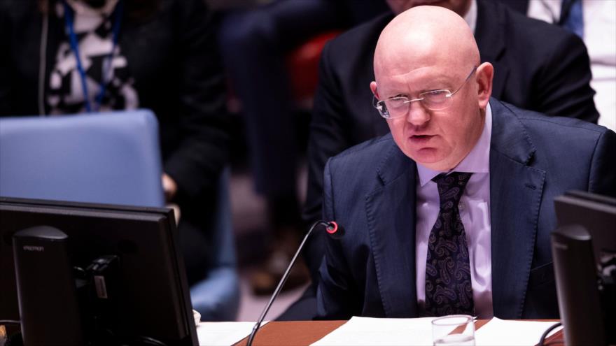 El representante permanente de Rusia ante la ONU, Vasili Nebenzia, en una sesión del CSNU, 10 de abril de 2019. (Foto: AFP)