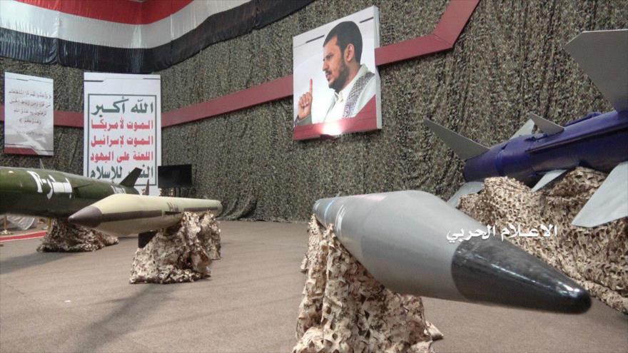 Misiles inteligentes y balísticos de fabricación yemení, presentados en una exhibición en Saná, capital de Yemen, 7 de julio de 2019.