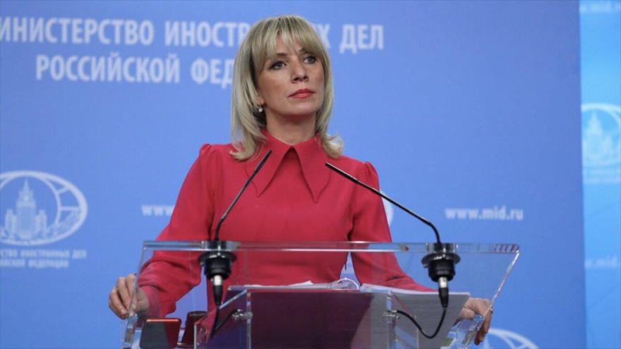 La portavoz del Ministerio de Exteriores de Rusia, María Zajarova, en una rueda de prensa en Moscú.