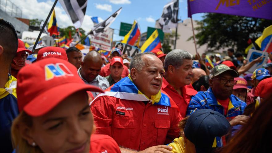 El presidente de la Asamblea Nacional Constituyente de Venezuela, Diosdado Cabello, en una marcha en Caracas, 10 de agosto de 2019. (Foto: AFP)
