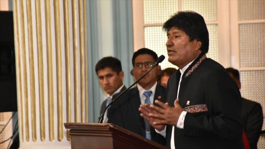 El presidente de Bolivia, Evo Morales, habla en un acto de la UNODC en La Paz, Bolivia, 22 de agosto de 2019. (Foto: ABI)