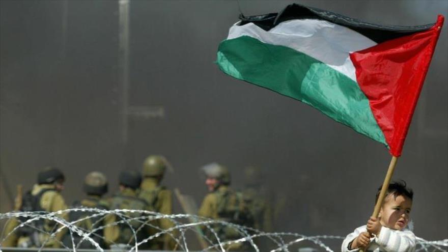Un menor palestino ondea la bandera palestina cerca del valle fronterizo, Franja de Gaza.