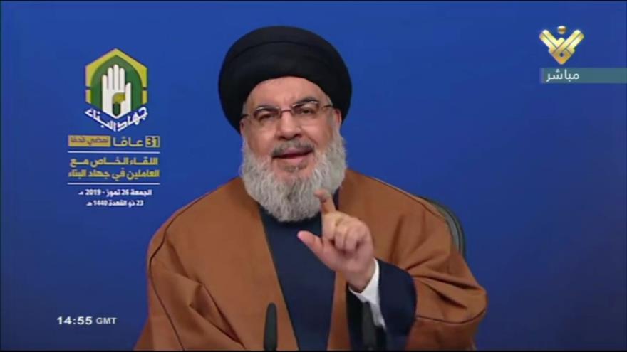 El líder de Hezbolá, Seyed Hasan Nasralá, ofrece un discurso televisivo, 25 de agosto de 2019. (Foto: AFP)