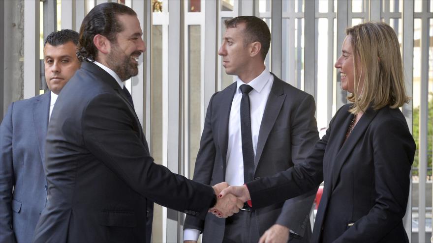 El primer ministro de El Líbano, Saad Hariri, y la jefa de la Diplomacia europea, Federica Mogherini, Beirut, 26 de febrero de 2019. (Foto: AFP)