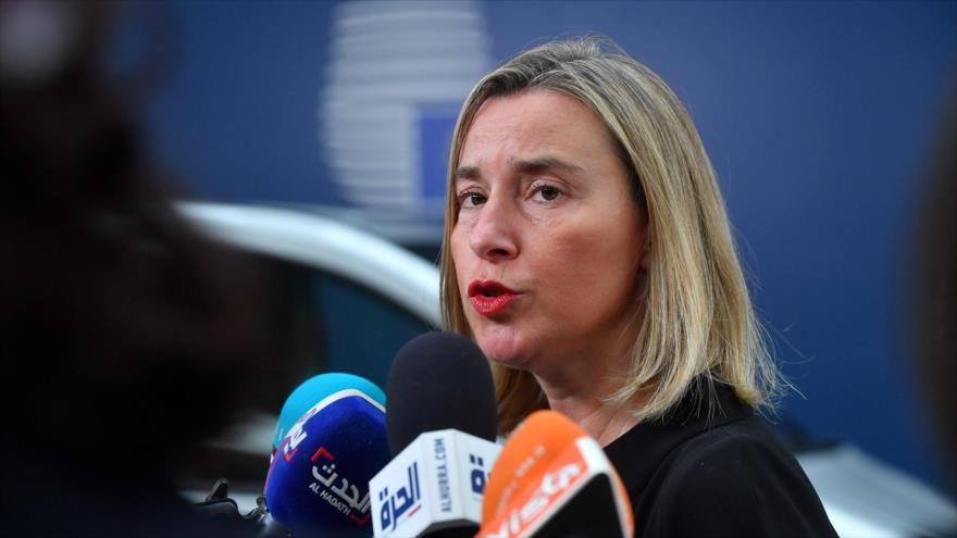 La jefa de la Diplomacia europea, Federica Mogherini, en una conferencia de prensa en Bruselas, 15 de julio de 2019. (Foto: AFP)