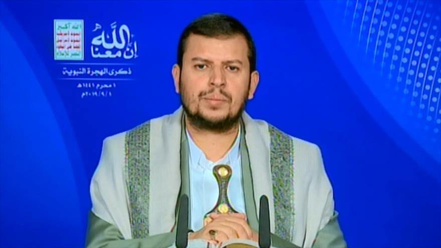 El líder del movimiento popular yemení Ansarolá, Abdulmalik al-Houthi, en un discurso televisivo, 1 de septiembre de 2019.
