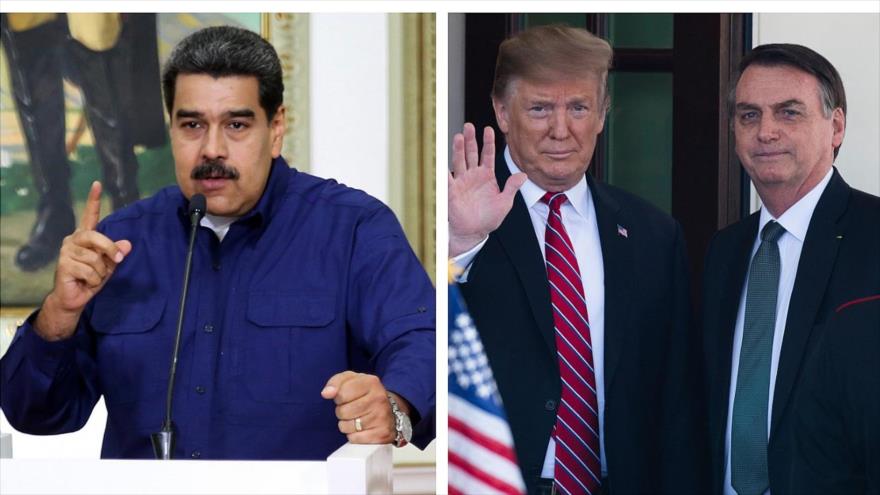 (De izq. a dcha.) El presidente venezolano, Nicolás Maduro, y sus pares de EE.UU. y Brasil, Donald Trump y Jair Bolsonaro, respectivamente.