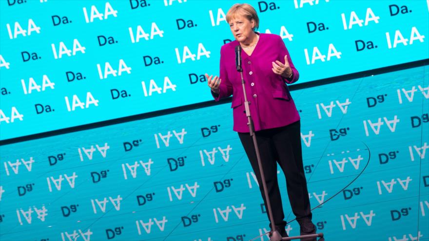 La canciller de Alemania, Angela Merkel, ofrece un discurso en Frankfurt, 12 de septiembre de 2019. (Foto: AFP)