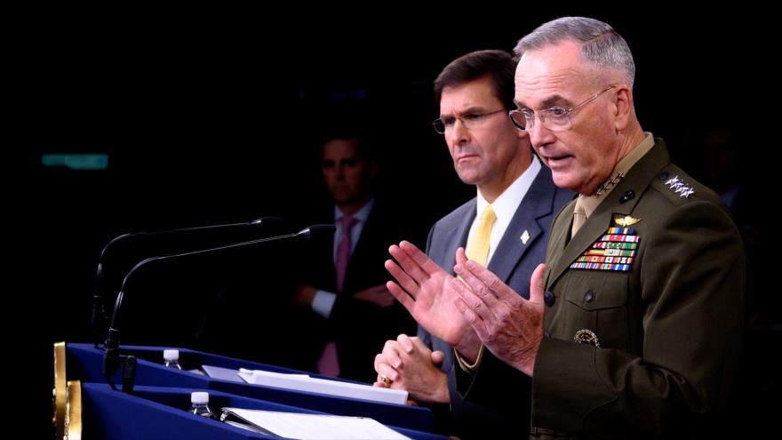 El jefe del Estado Mayor Conjunto de EE.UU., el general Joseph Dunford, habla en una rueda de prensa, Washington, 28 de agosto de 2019. (Foto: AFP)